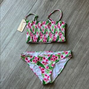 NWT Pink and Green Cabana del Sol smocked flower Tankini